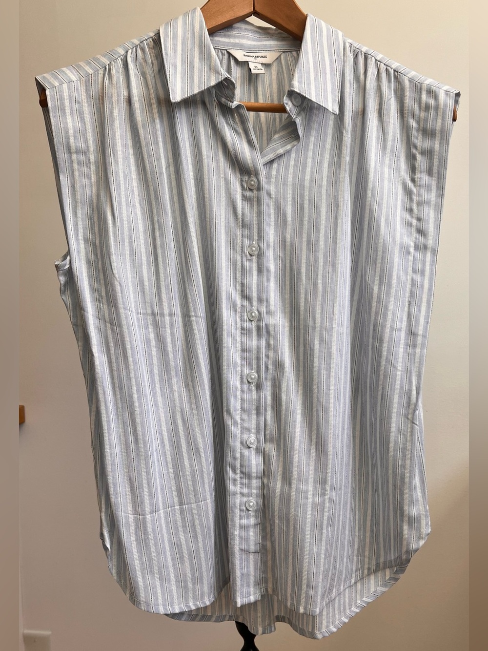 Banana Republic Light Blue and White Striped Sleeveless Button-Down Shirt